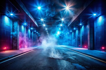Obraz premium Abstract Dark Street Scene with Neon Light Spotlights on Asphalt, Concrete Floor, and Smoke for Product Display in a Studio Room with an Empty Atmosphere