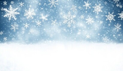 Falling snowflakes on light blue gradient with bokeh backdrop.