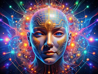 Abstract Digital Human Face with Big Data Connections and Mystical Mask, 3D Illustration Showcasing the Fusion of Technology and Humanity in a Captivating Visual Experience