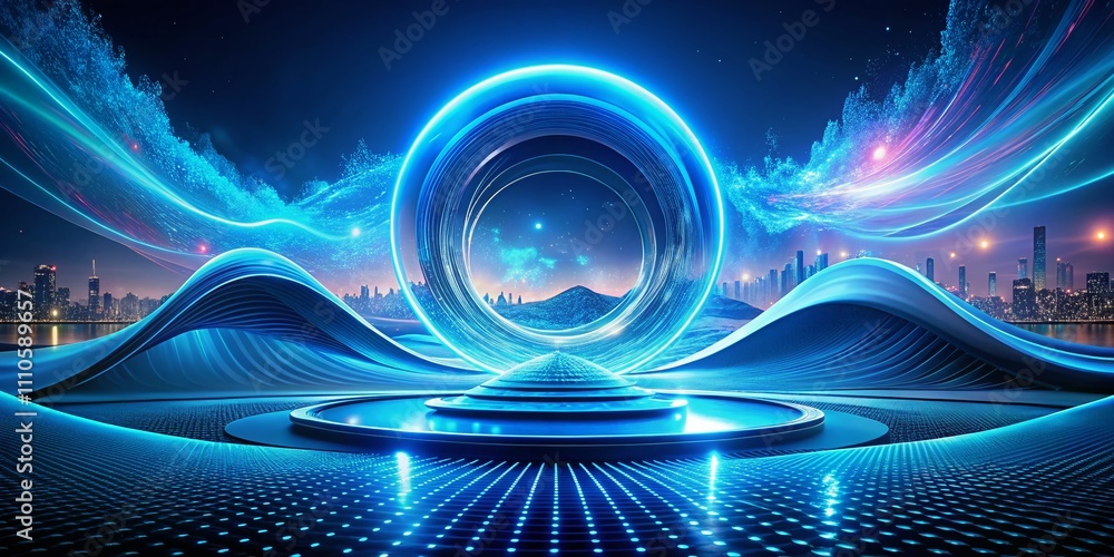 Poster abstract digital wave in blue circular shape, futuristic point wave design representing big data vis