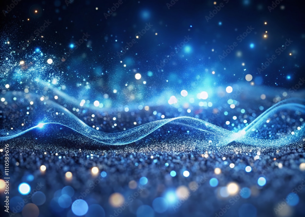 Poster abstract digital wave background in dark blue with 3d rendered animation of blurred particle motion 