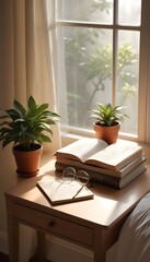 Fototapeta premium Soft Light Window, Simple Bedside Table with Book, Glasses, and Plant