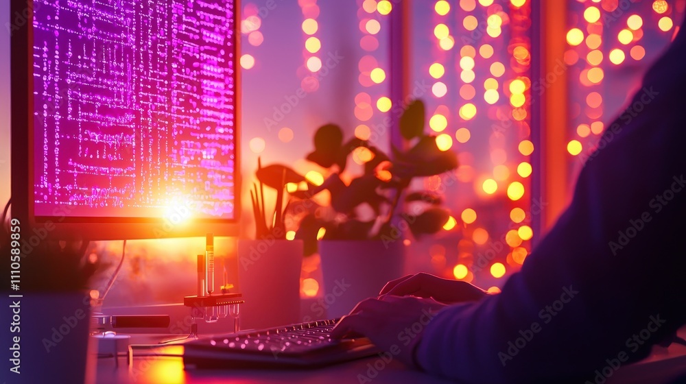Poster a backlit computer screen displays vibrant code, creating a cozy workspace ambience as the sun sets.