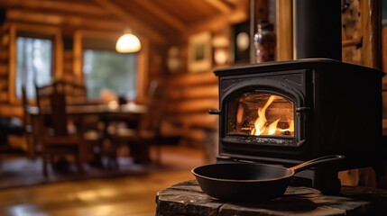 Cozy cabin with wood stove and cast iron pan in rustic log interior