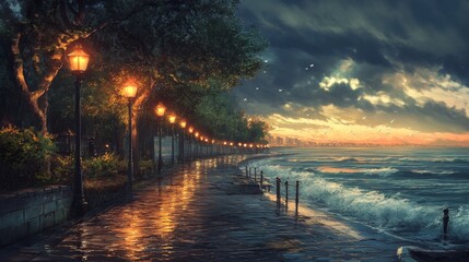 Waves gently hitting the shore, with lanterns glowing along a cobblestone promenade.