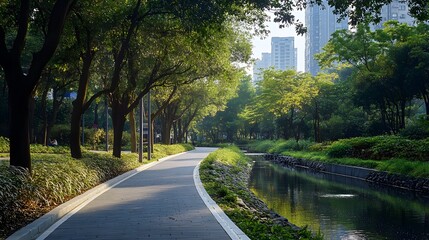 A quiet bike lane running along a small creek surrounded by urban greenery