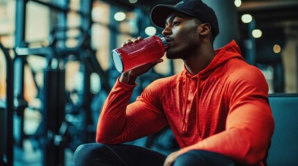 Athlete sitting on a gym bench, sipping a recovery drink from a branded shaker bottle.