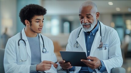 A Young Medical Student Engaging in a Learning Session with an Experienced Doctor in a Bright and Modern Healthcare Environment