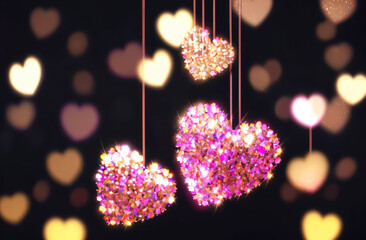 Romantic and festive look with sparkling pink and gold hearts on threads on a dark background. The hearts are illuminated with twinkling lights.