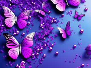 Vibrant composition with pink butterflies and purple flowers on a dark purple background. Various decorative elements, pearls and beads create a festive picture.