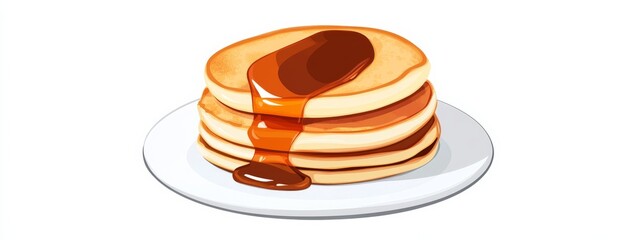 Fototapeta premium A stack of fluffy pancakes with a drizzle of caramel sauce, isolated white background, retro art style