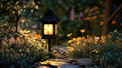Eco-Friendly Solar Lantern Illuminating a Flowerbed for Sustainable Garden Design