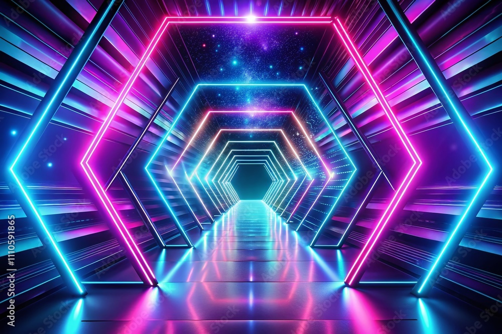 Poster abstract futuristic technology concept with neon hexagon tunnel and fluorescent ultraviolet glowing 