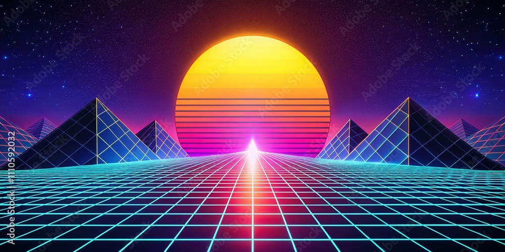 Poster abstract geometric shape pattern in retro 80s style on a grid background, capturing vibrant colors a