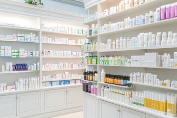 White pharmacy interior with shelves of medical products and colorful packaging, professional and inviting atmosphere.