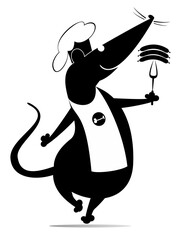 Rat or mouse a cook. Rat or mouse holding a fork with sausages. 
Funny rat or mouse holding a fork with appetite sausages. Black and white illustration
