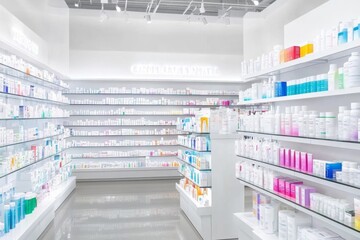 White pharmacy interior with shelves of medical products and colorful packaging, professional and inviting atmosphere.