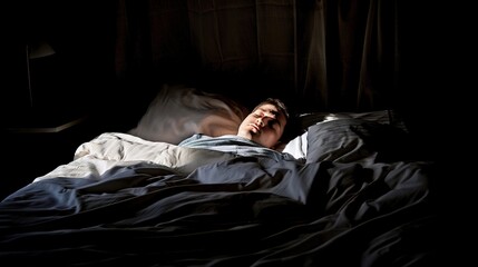 Fototapeta premium Person lying in bed with half-closed eyes, surrounded by dim light and shadows, symbolizing irregular sleep patterns and lack of restful sleep.