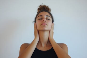 Fototapeta premium Young Latin Woman Performing Neck Cracking Adjustment to Relieve Joint Pain on White Background