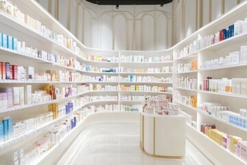 White pharmacy interior with shelves of medical products and colorful packaging, professional and inviting atmosphere.