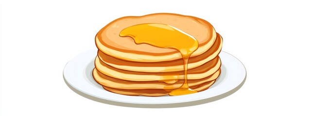 A stack of fluffy pancakes with a drizzle of honey, isolated white background, retro art style