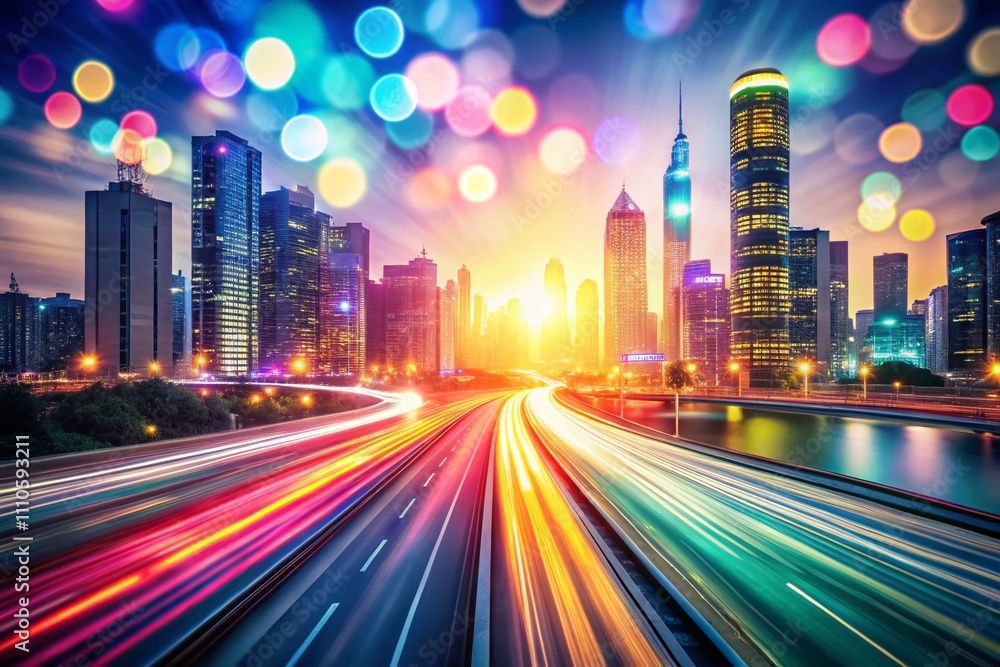 Poster abstract illustration of an urban highway leading to a modern city downtown with speed motion and co