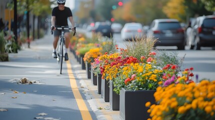 A bike lane separated from traffic by planters with bright flowers in an urban redevelopment area