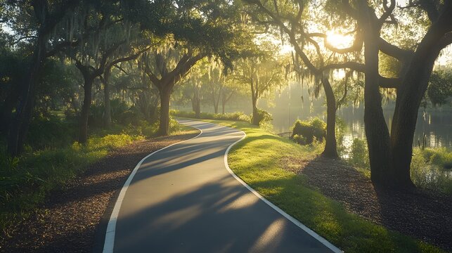 A bike path running parallel to an urban jogging trail in a community park