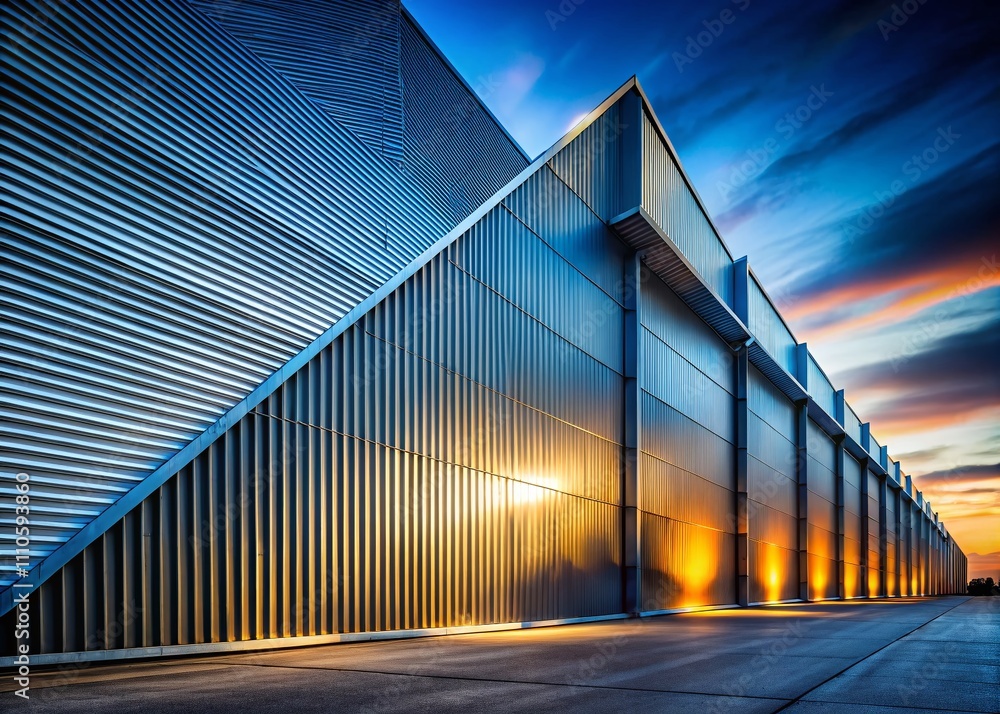 Poster abstract long exposure of corrugated metal walls and pitched roofs in industrial building showcasing