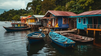 Wooden boats docked near small, colorful houses by the water.