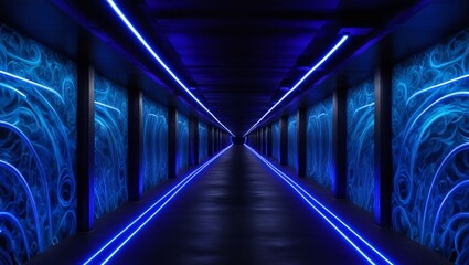 Fototapeta premium An underground passageway illuminated with blue neon lights. blue background that is abstract. An empty, neon-lit, dark corridor serves as the background. Lines and shine on an abstract background