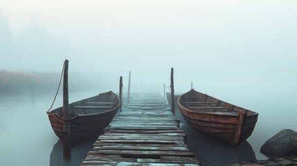 Obraz premium Wooden boats moored at a pier, with soft fog covering the horizon. 