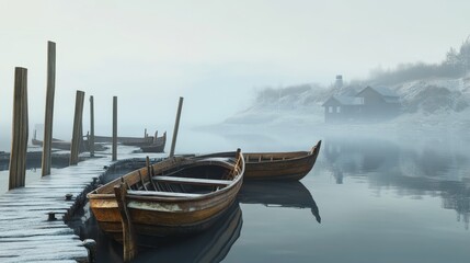 Wooden boats moored at a pier, with soft fog covering the horizon. 