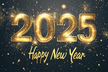 Golden glittery numbers "2025" stand on a dark blue surface with scattered sparkles
