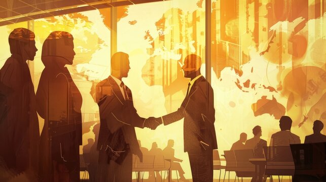 Group of diplomats shaking hands in a peaceful conference room, symbolizing a ceasefire agreement, international diplomacy and global peace efforts.