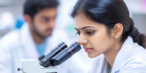 Female Indian scientist using a microscope in a lab with a male student on blur background