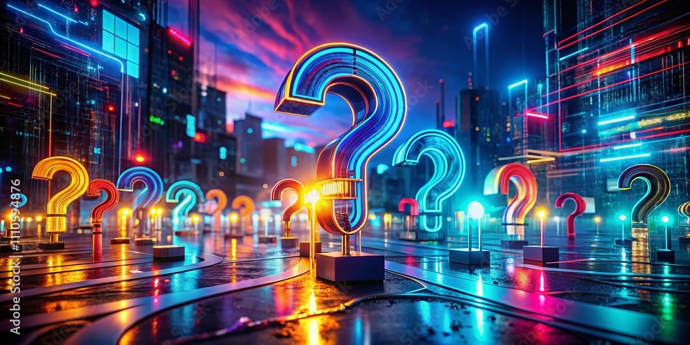 Poster abstract night photography of question marks on a tech backdrop representing curiosity and innovatio