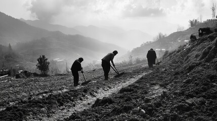 Obraz premium Workers plowing fields with traditional tools, readying for a new season. 