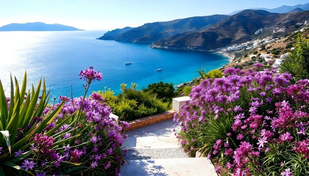 many plants of agapanthus africanus with purple or pink flowers. Behind a terrace with nobody in the greek island of Satorini with the best landscape of the Aegean sea and the Cald