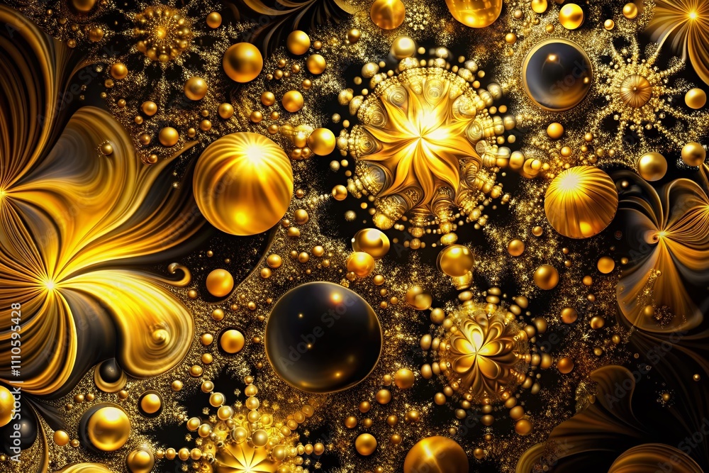 Poster abstract panoramic photography of a digitally generated black and gold bright image with striking vi