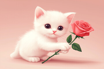 white cat with pink rose
