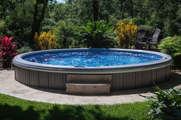 Sunny Summer Above Ground Pool Set on a Concrete Pad in a Refreshing Blue Oasis at Home