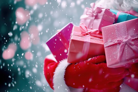 Close-up of Santa Clause hands holding colorful presents in a snowy winter atmosphere ushering in the New Year