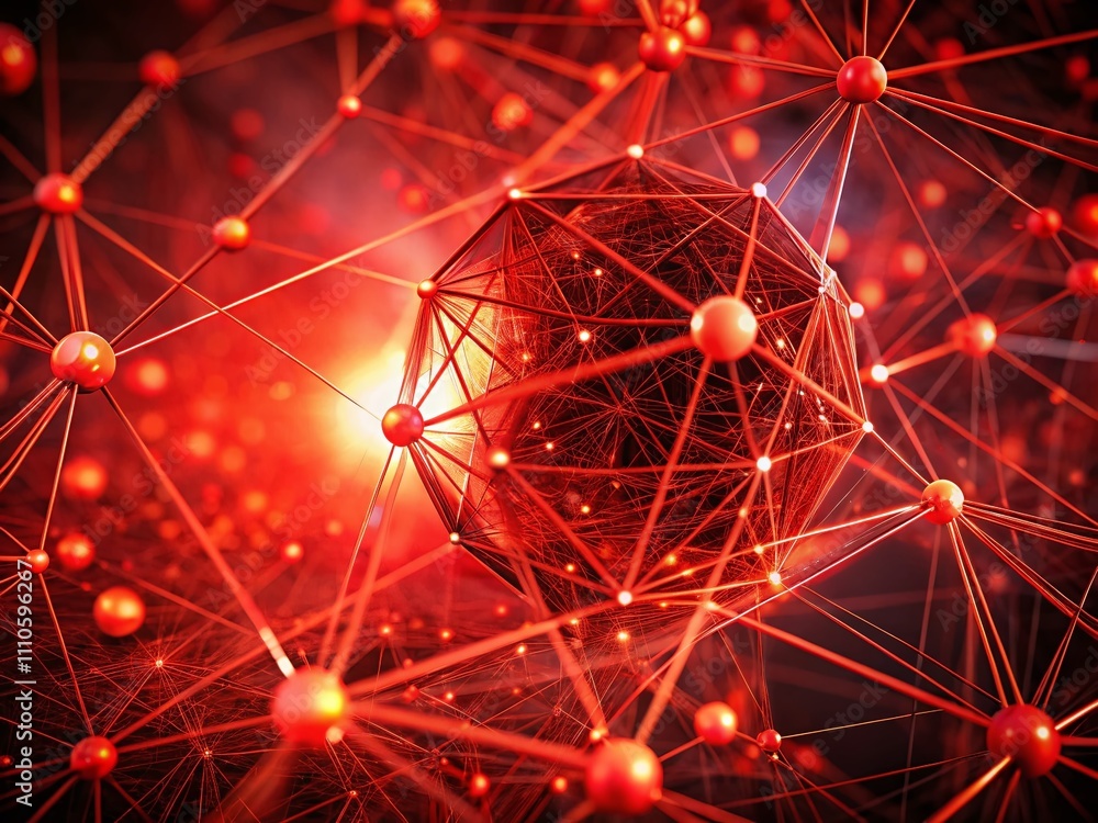 Poster abstract red geometrical background with futuristic technology elements, connecting dots and lines, 