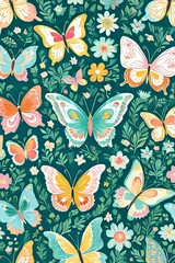 Vibrant butterflies elegantly floating among colorful flowers, lush green foliage, creating lively, cheerful atmosphere.Perfect for nature-themed project, floral design, greeting card, digital design.