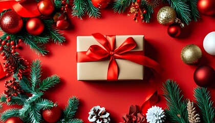 Festive holiday gift presentation cozy home setting seasonal decor vibrant environment top-down view celebratory concept for enhanced holiday cheer