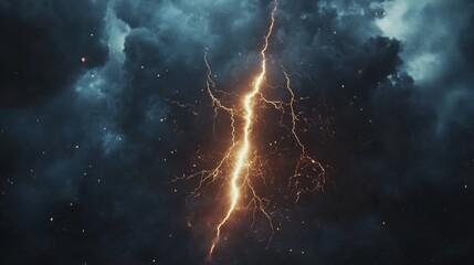 Lightning, electric thunderbolt strike of blue colour during night storm, impact, crack, magical energy flash. Thunderstorm flash on black background