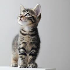 Obraz premium A striped tabby kitten standing on a blank white table, appearing alert and agile