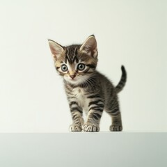 Obraz premium A striped tabby kitten standing on a blank white table, appearing alert and agile