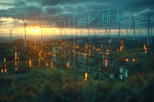 Futuristic digital landscape with wind turbines and data visualization